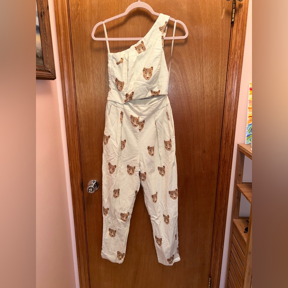 FARM Rio Leopard Cheetah Jumpsuit one shoulder cutout